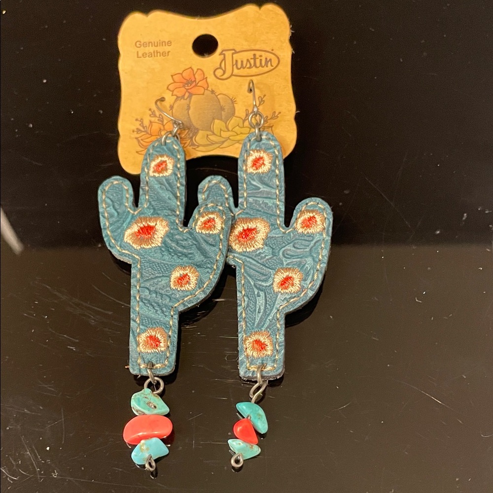 Justin Boots Beaded Turquoise Cactus Earrings with Floral Accents - Picture 2 of 7